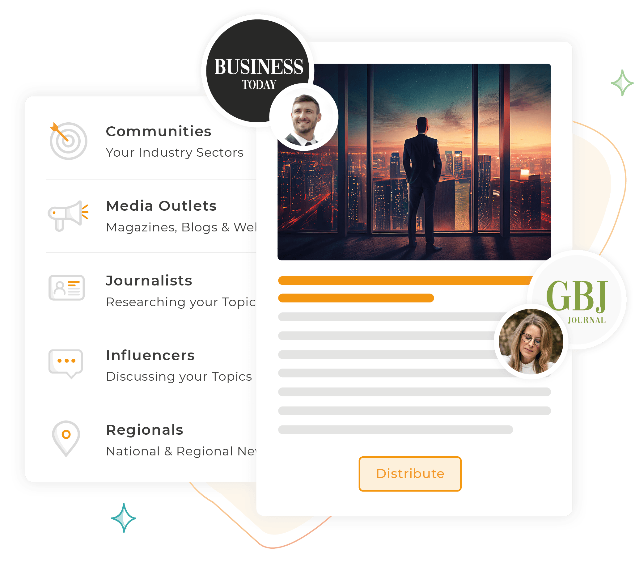 Illustration of Reveela's Digital PR tools connecting content with journalists, media outlets, influencers and industry communities to increase visibility.
