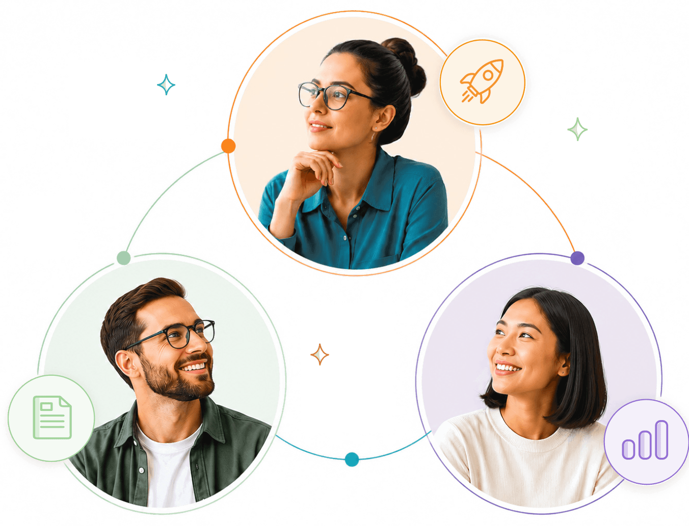 Illustration of marketing professionals connected through training, with icons representing growth, learning and analytics.